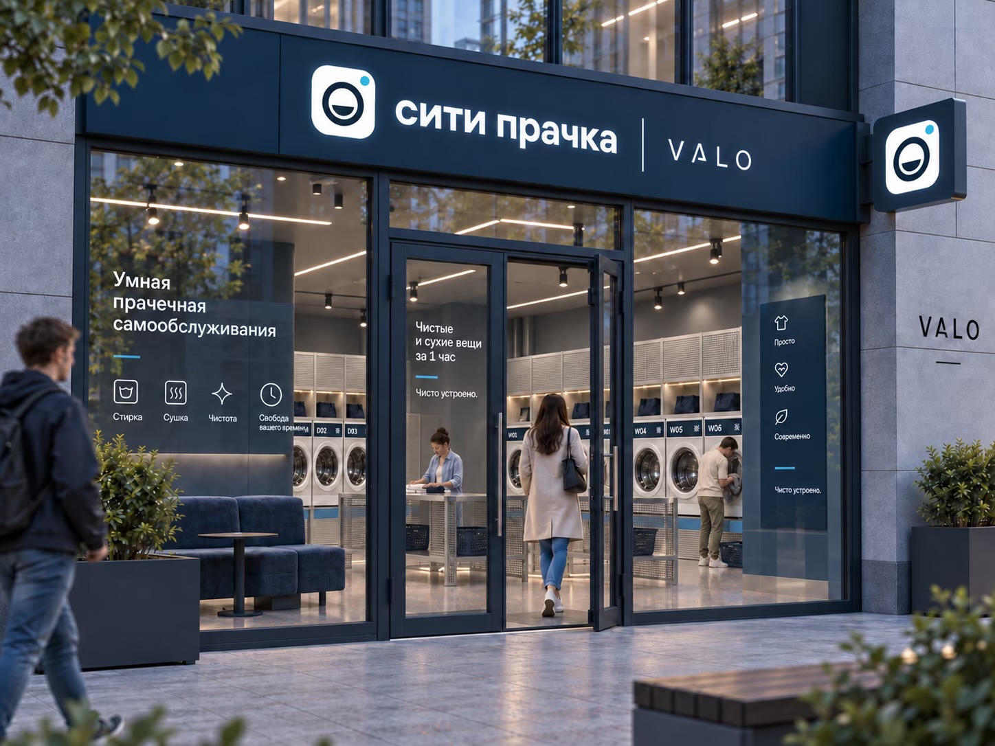 Фасад прачечной в апарт-отеле Valo: витрина во всю стену, вывеска «сити прачка», внутри видны машины и зона ожидания